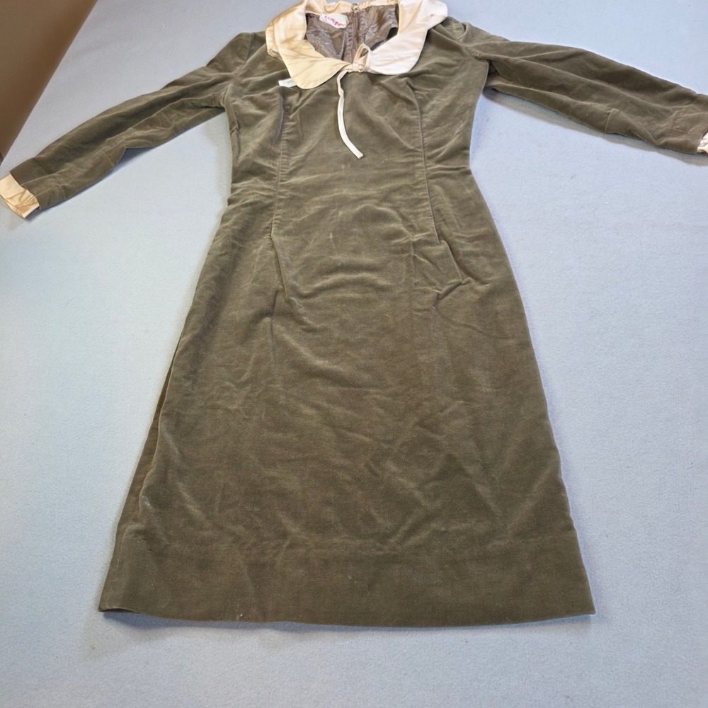 Maggi Stover Vintage Olive Green Velvet Dress Peter Pan Collar Distressed